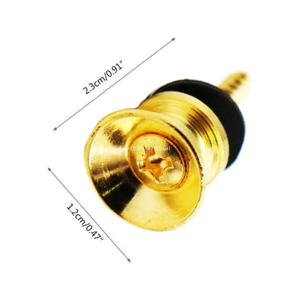 Gold Cone/Horn Guitar Strap Button with dimensions on a white background.
