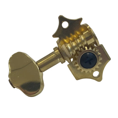 Gold Grover/Gotoh-style acoustic guitar vintage open back guitar tuner on a white background.
