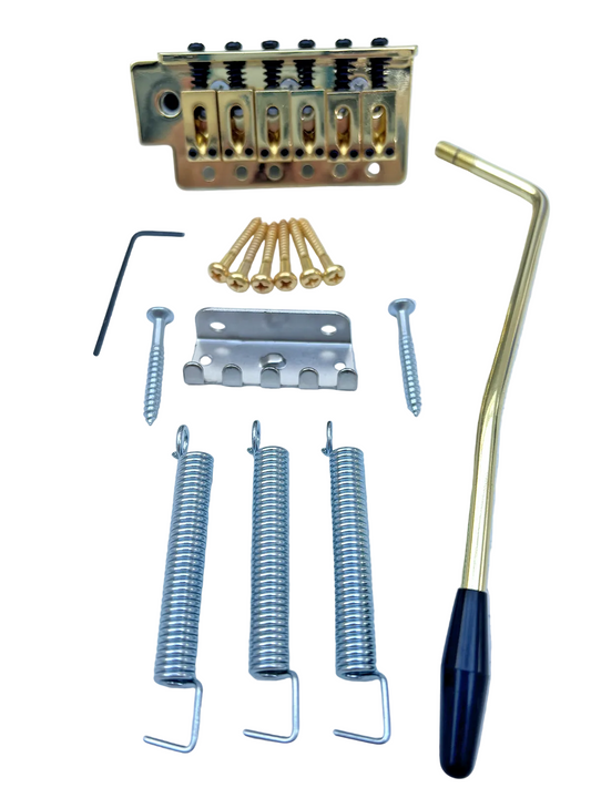 Gold Tremolo Guitar Bridge Kit, ST-style, on a white background.