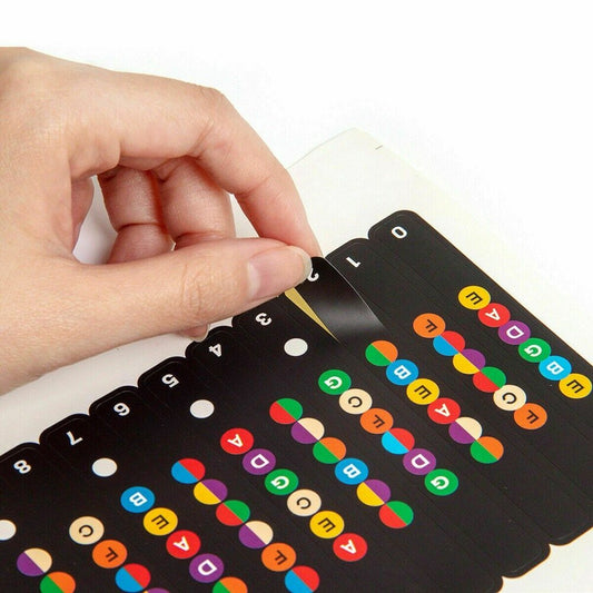 A person peeling of a Guitar Fretboard Sticker against a white background.