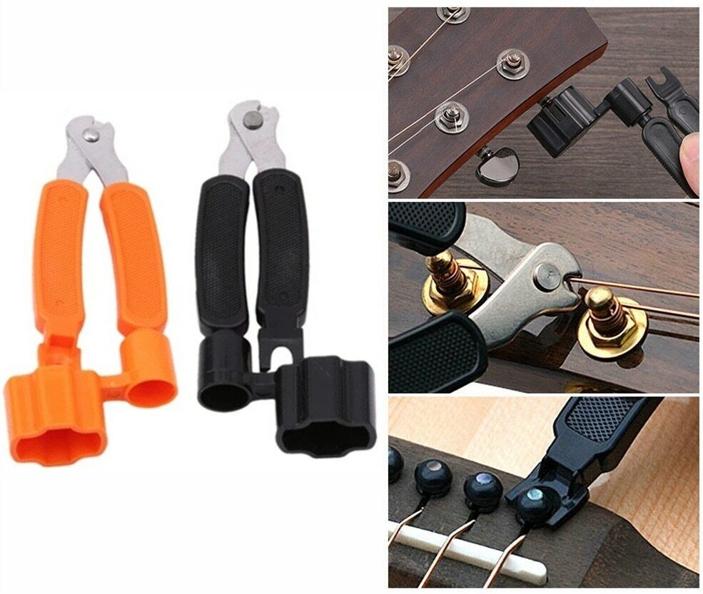 Composite photo showing two Guitar Multi Tools and photos of one in use.