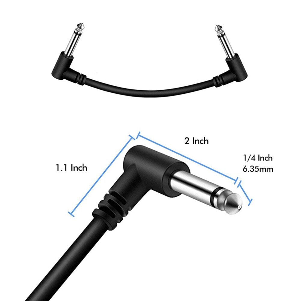 Black guitar patch lead cable with measurements on a white background.