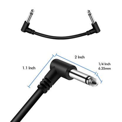 Black guitar patch lead cable with measurements on a white background.