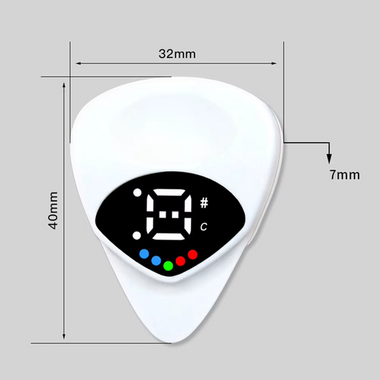 A Guitar Pick Tuner with dimensions against a grey background.