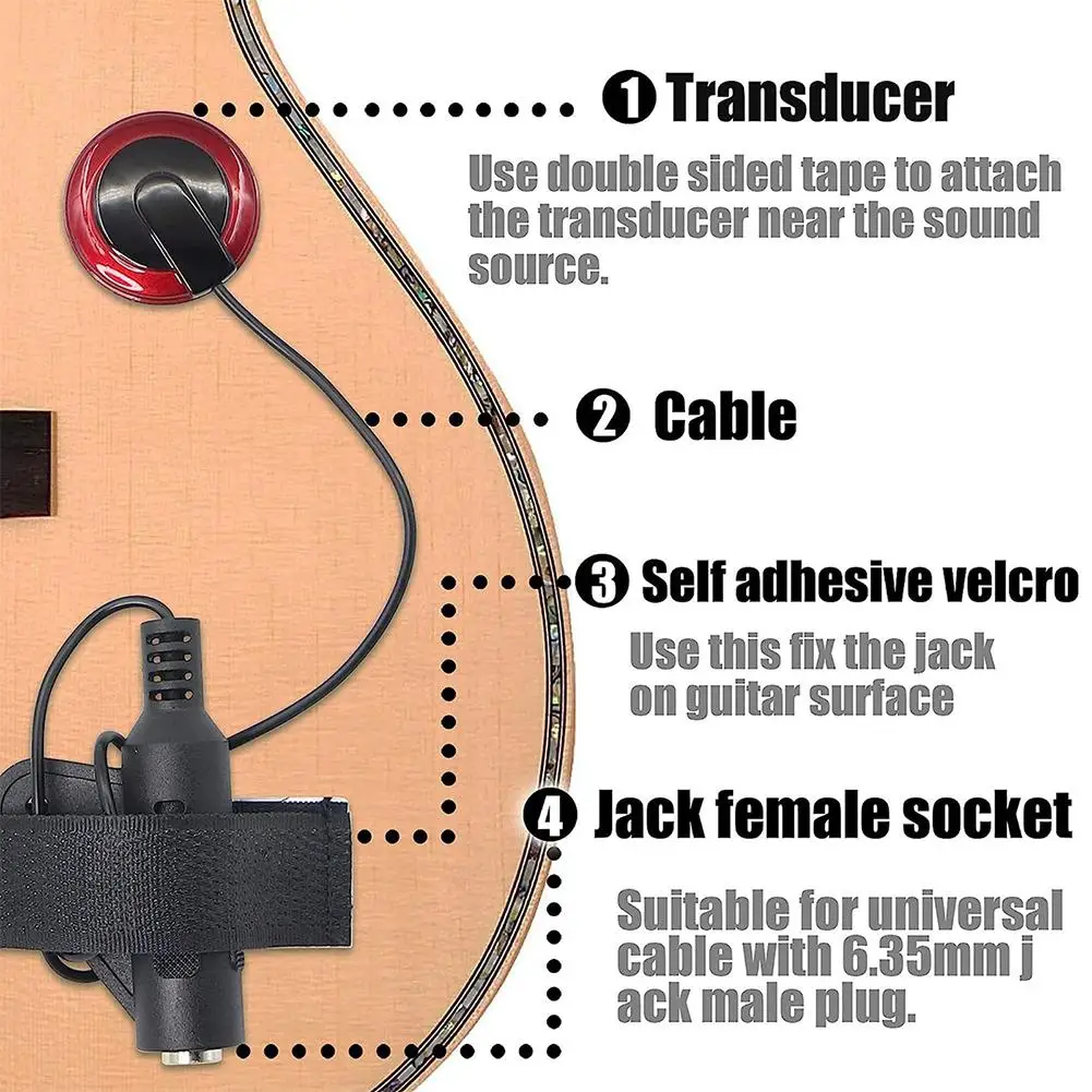 Guitar with piezo transducer pick up, cable, and jack female socket labeled on a beige background.
