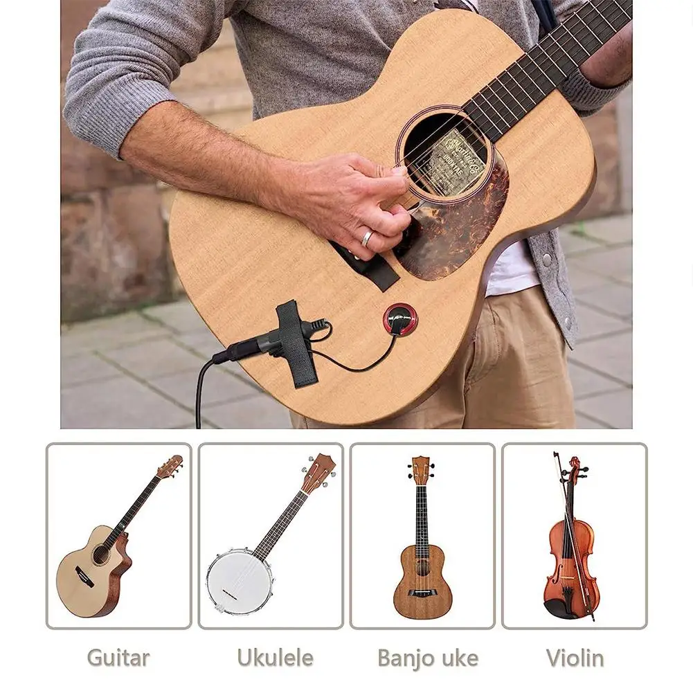 Person holding a guitar with a Piezo Pickup, surrounded by smaller images of other instruments.