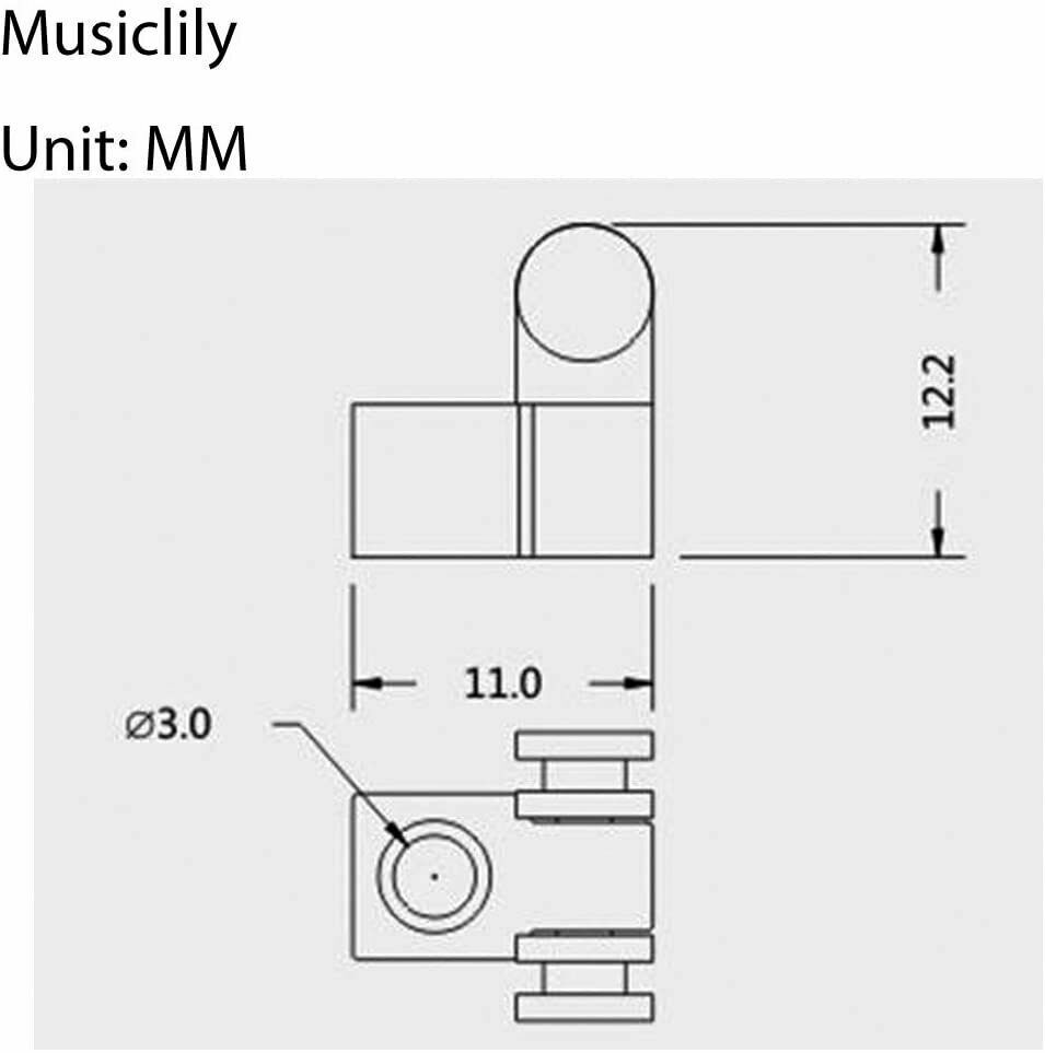 Technical drawing with dimensions of a Roller Guitar String Tree / Retainer on white background.