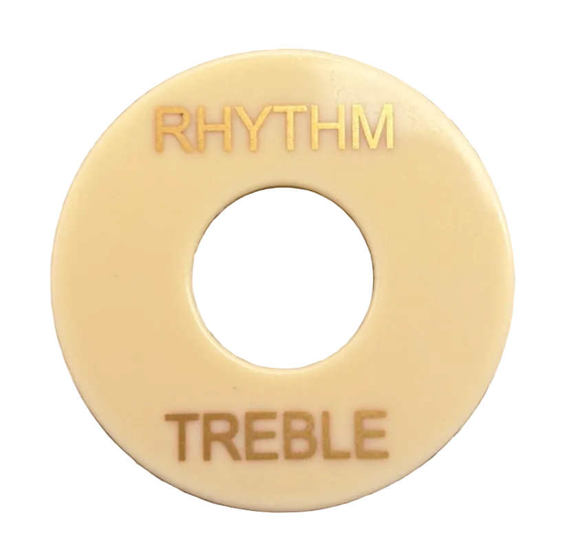 Close-up of a Guitar Toggle Switch /Pick Up Selector Surround Plate in cream with gold text on a white background.