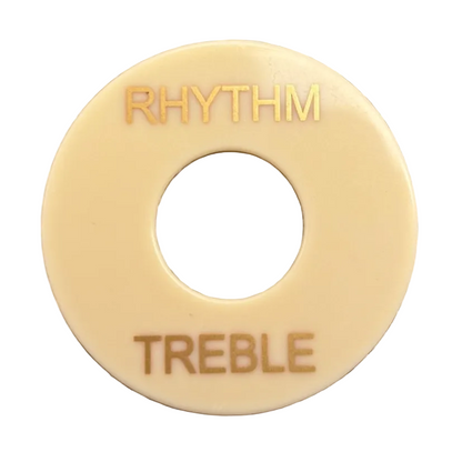 Close-up of a Guitar Toggle Switch /Pick Up Selector Surround Plate in cream with gold text on a white background.