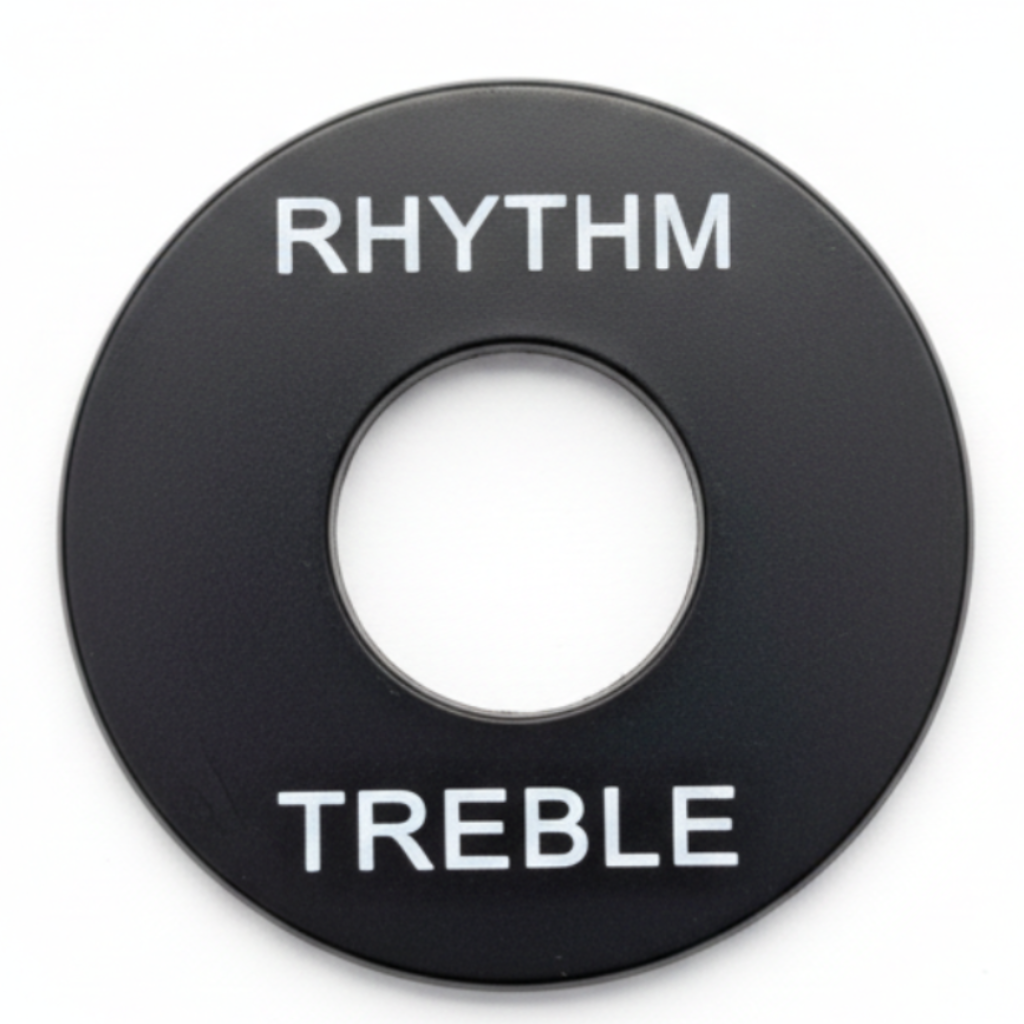 Close-up of a Guitar Toggle Switch /Pick Up Selector Surround Plate in black with white text on a white background.
