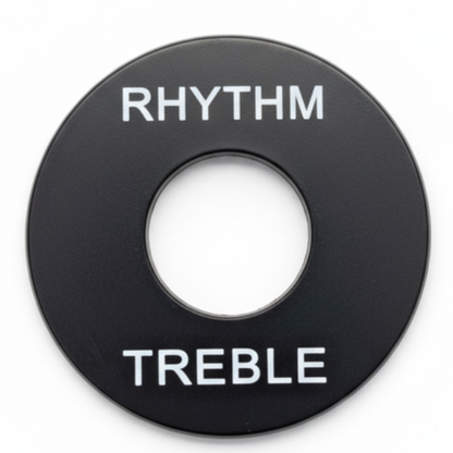 Close-up of a Guitar Toggle Switch /Pick Up Selector Surround Plate in black with white text on a white background.