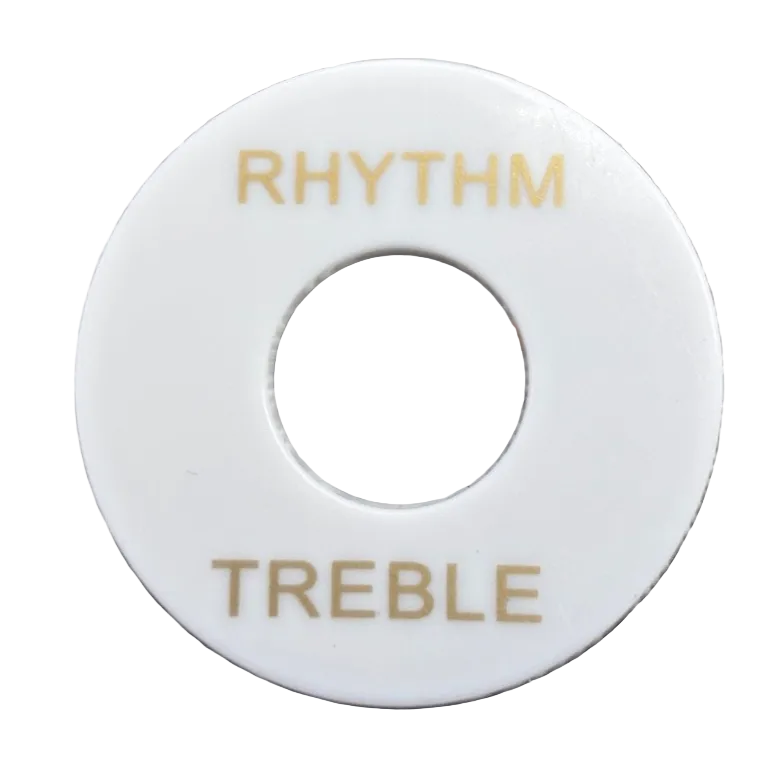 Close-up of a guitar Toggle Switch /Pick Up Selector Surround Plate in white with gold text on a white background.