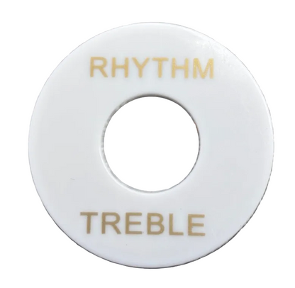 Close-up of a guitar Toggle Switch /Pick Up Selector Surround Plate in white with gold text on a white background.
