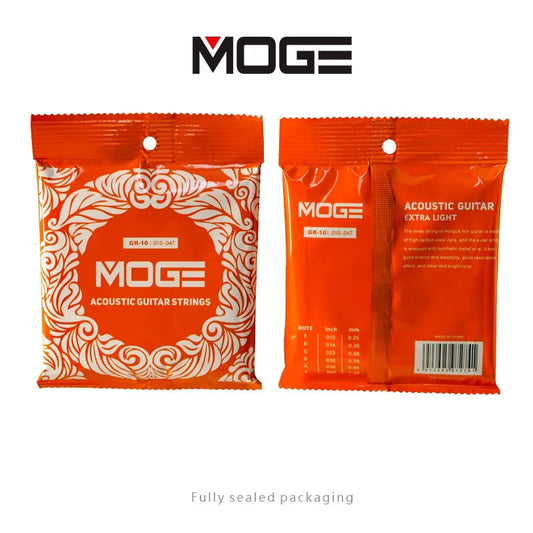 Two orange packages of MOGE acoustic guitar strings on a white background