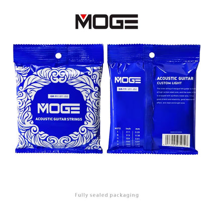 Two blue packages of MOGE acoustic guitar strings on a white background