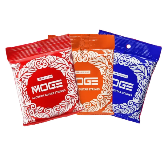 Three packages of MOGE acoustic guitar strings in red, orange, and blue on a white background.