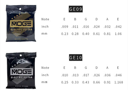 Two packages of MOGE electric guitar strings with string gauges on a white background