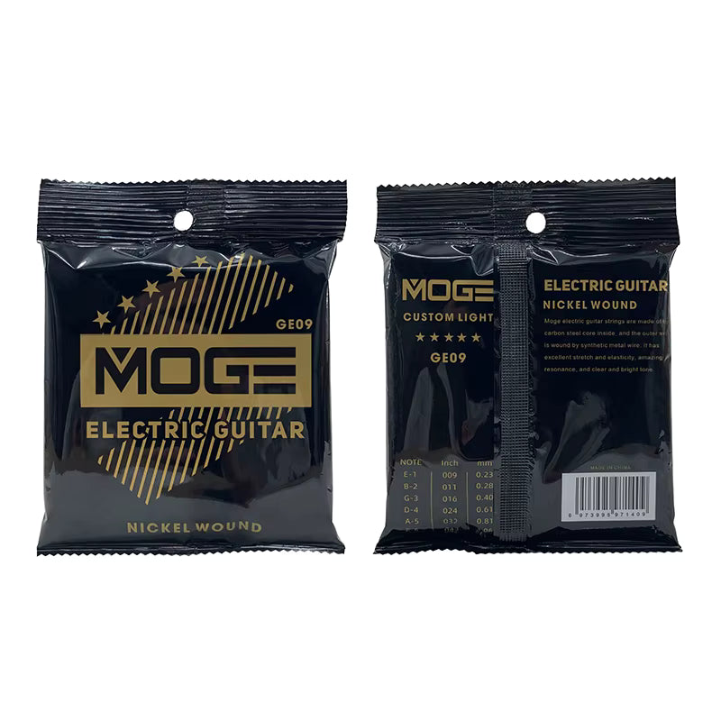 Two packages of Moge electric guitar strings on a white background