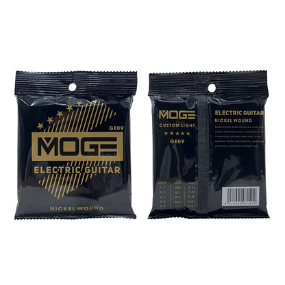 Two packages of Moge electric guitar strings on a white background
