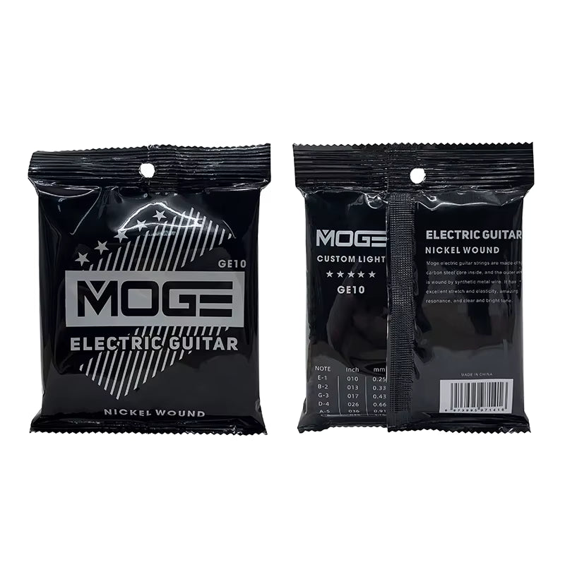 Two packages of MOGE electric guitar strings on a white background