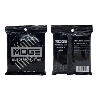 Two packages of MOGE electric guitar strings on a white background