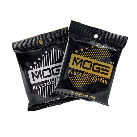 Two packages of MOGE electric guitar strings on a white background
