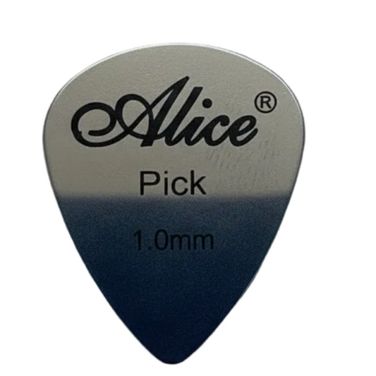 Guitar pick with 'Alice' branding on a white background