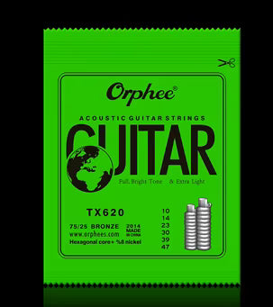 Pack of Orphee TX620 Acoustic Guitar strings on a black background.