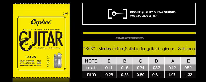 Orphee TX630 Acoustic Guitar string gauges on a black background.