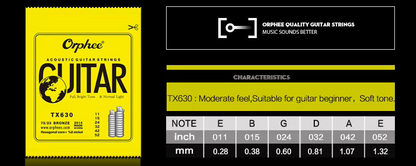 Orphee TX630 Acoustic Guitar string gauges on a black background.