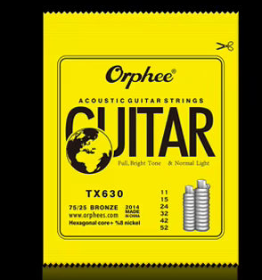 Pack of Orphee TX630 Acoustic Guitar strings on a black background.