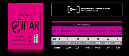 Orphee TX640 Acoustic Guitar string gauges on a black background.