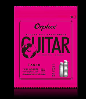 Pack of Orphee TX640 Acoustic Guitar strings on a black background.