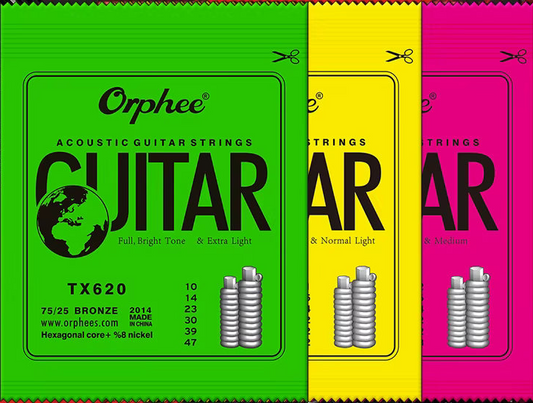 Three packs of Orphee Acoustic Guitar strings on a black background.