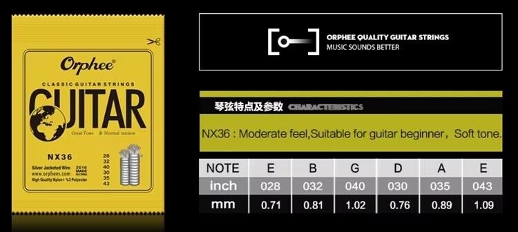 Orphee guitar strings packaging with string gauges on a black background