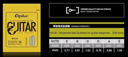 Orphee guitar strings packaging with string gauges on a black background