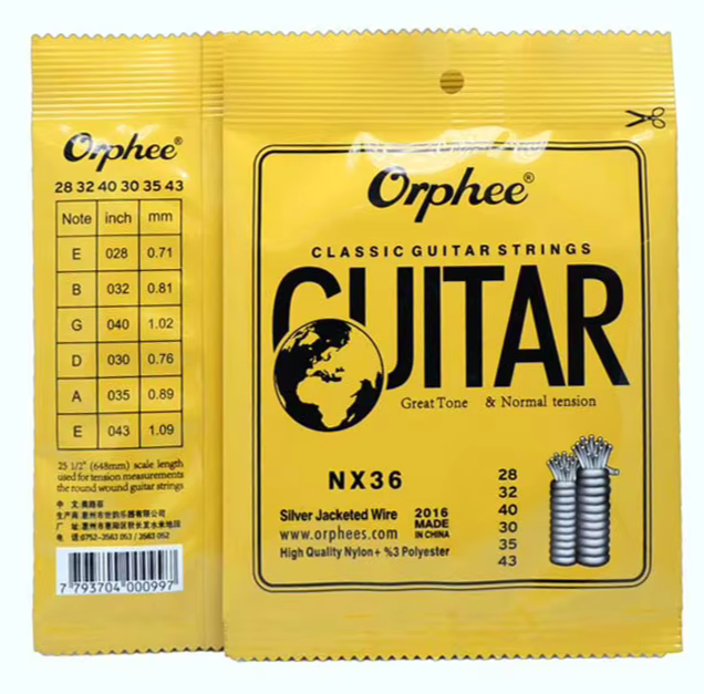 Two packages of Orphee classic guitar strings on a white background.