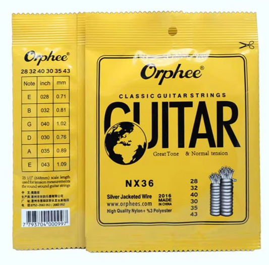 Two packages of Orphee classic guitar strings on a white background.