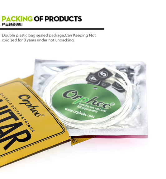 Orphee guitar strings packaging with a yellow label on a white background