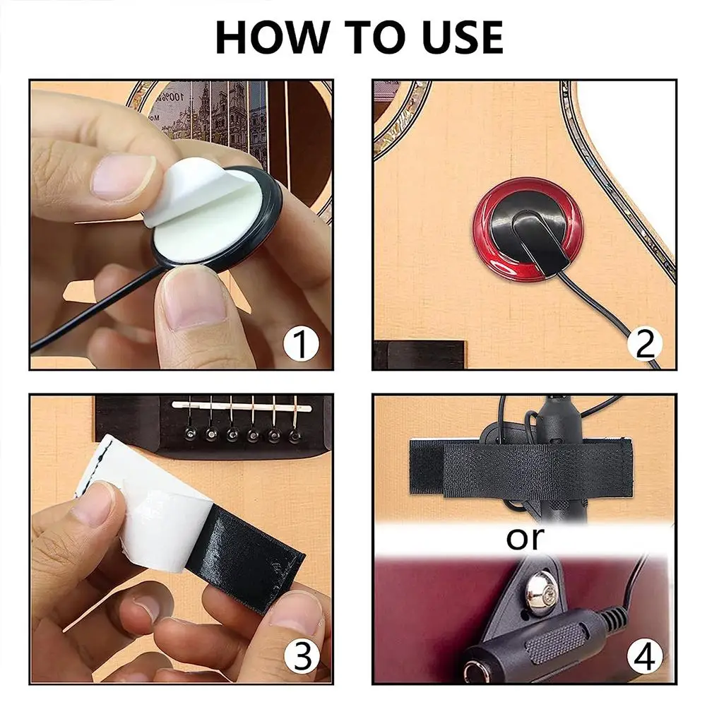 Step-by-step guide on how to use a Piezo Guitar pickup with close-up shots of hands and guitar.