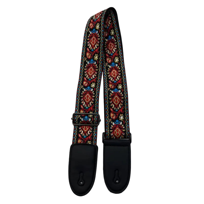 Close up of the ends of a Red, Gold and Black Embroidered Guitar Strap on a white background.