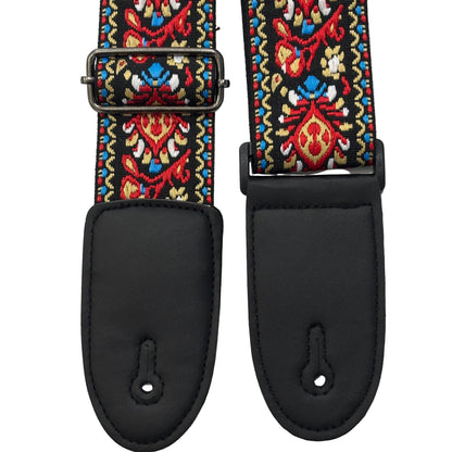 Close up of the ends of a Red, Gold and Black Embroidered Guitar Strap on a white background.