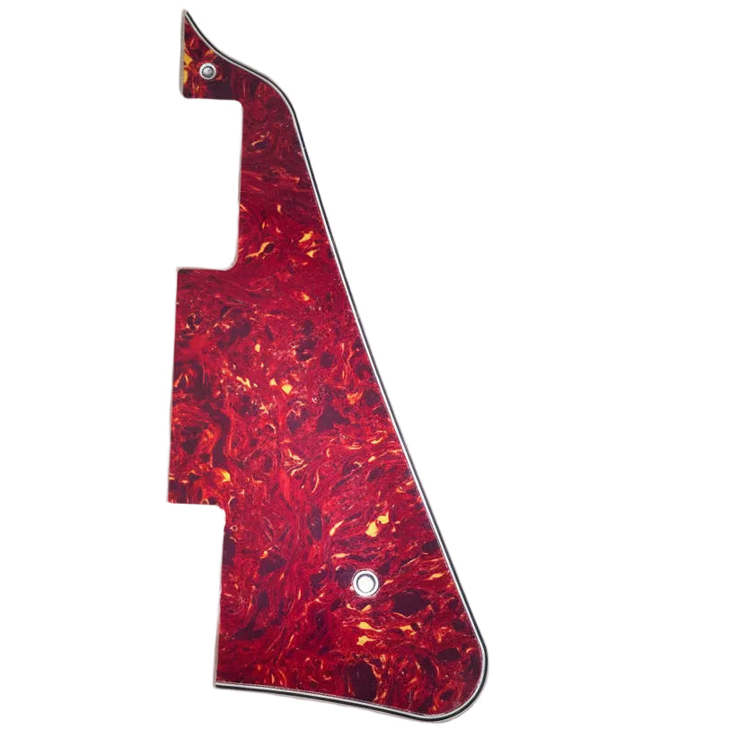 Red tortoiseshell electric guitar pickguard, LP-compatible, on a white surface.