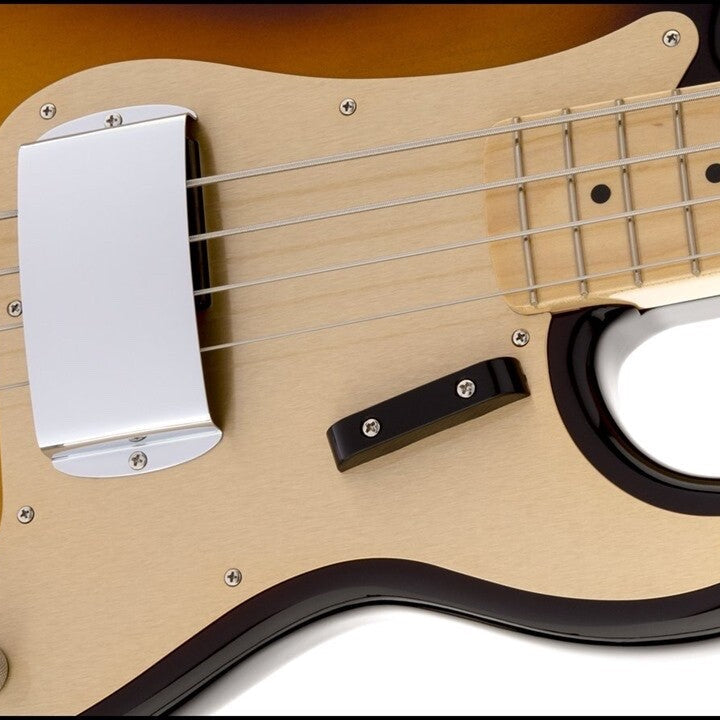 Close-up of a sunburst Electric Bass Guitar showing possible Thumb Rest ('Tug Bar') positioning  on a white background.