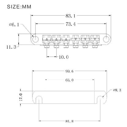 Technical drawing of an electric guitar bridge.