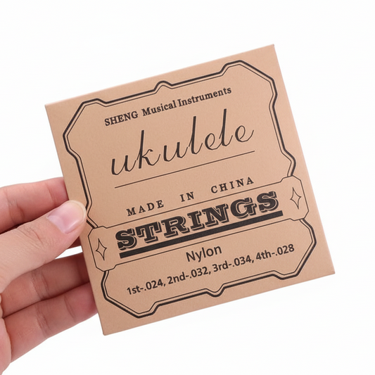 Pack of Sheng Musical Instruments ukulele strings held by a hand on a beige background.
