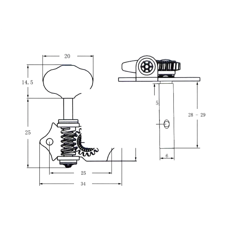 Technical drawing of a vintage acoustic guitar Open-Backed Guitar Tuner with dimensions.