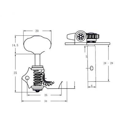 Technical drawing of a vintage acoustic guitar Open-Backed Guitar Tuner with dimensions.