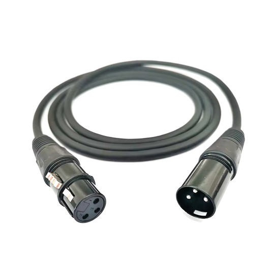 Coiled male to female XLR cable on a white background